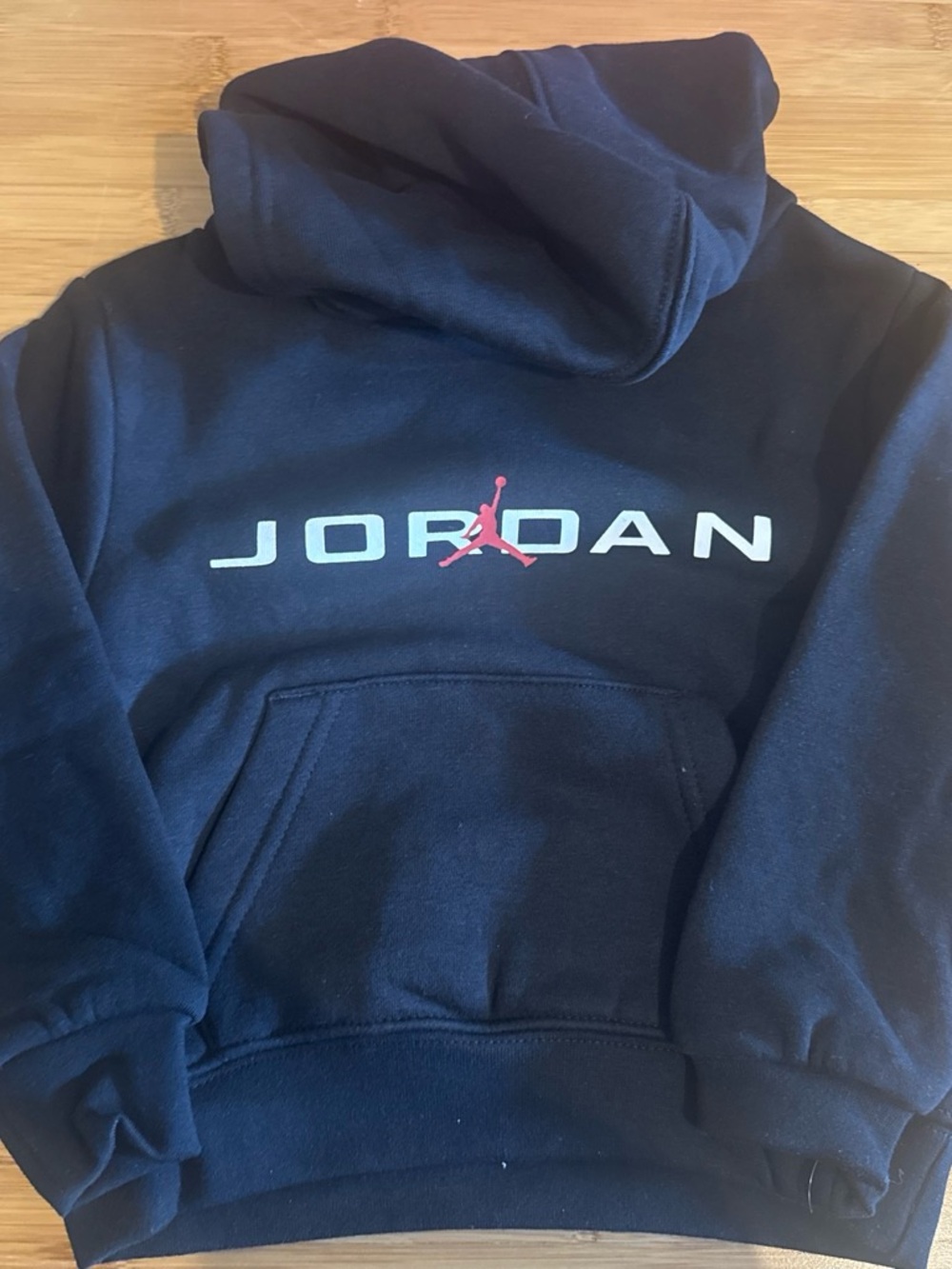 Jordan Navy Hoodie with White Script and Red Jumpman